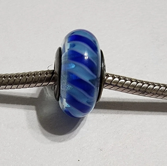 Pandora Jewelry - PANDORA Teal-Blue Stripes Murano Glass Sterling Silver Charm - Retired